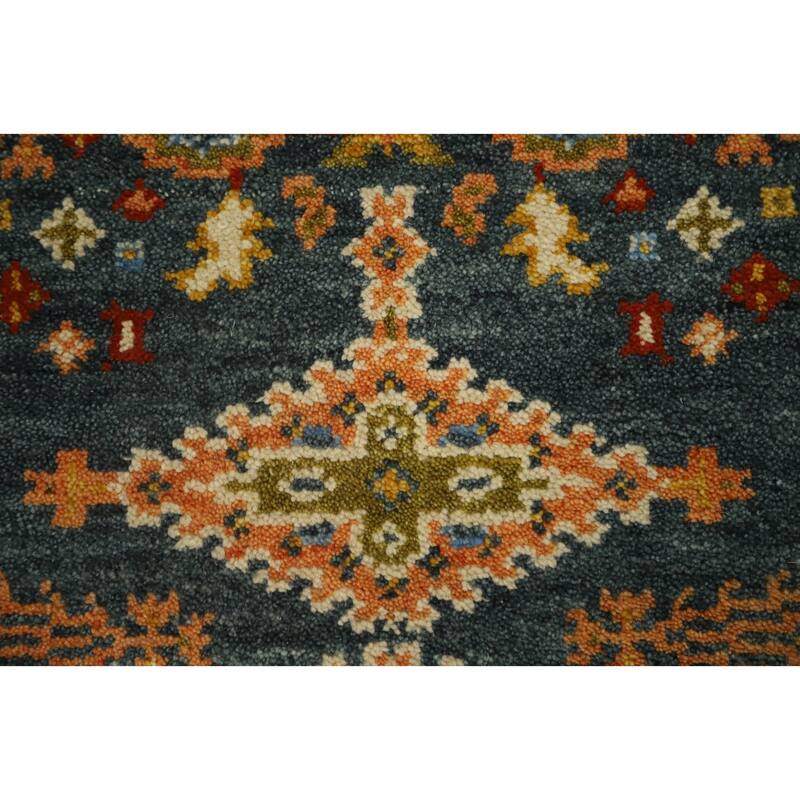 Hand Knotted Oriental 100% Wool Carpet Traditional Geometric Navy Blue & Blues Viss Runner Rug - 8' 9'' X 2' 7''