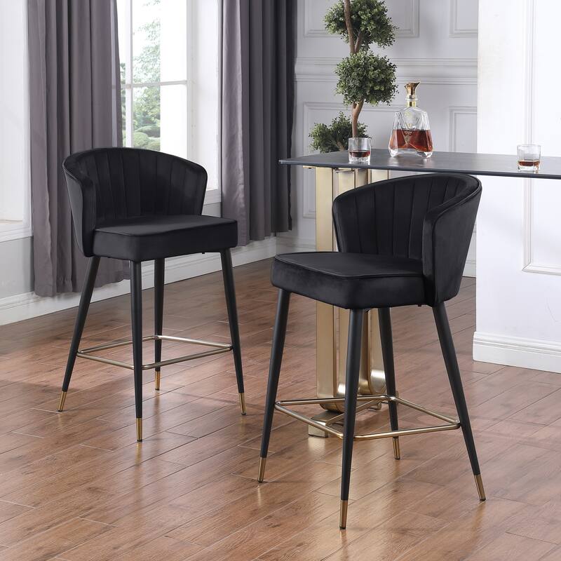 2pcs Velvet Upholstered Counter Height Stool with Deep Channel Tufting and Gold Tipped, Black Metal Legs - N/A