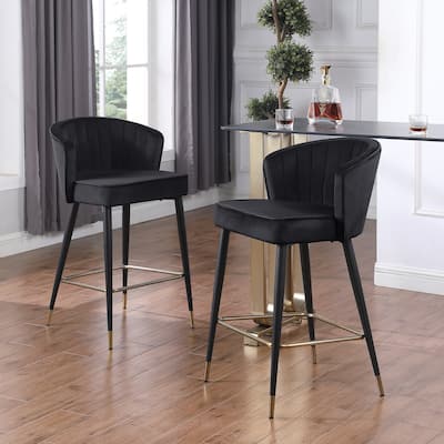 Velvet Upholstered Counter Height Stool with Deep Channel Tufting and Gold Tipped, Black Metal Legs, 20" W x 21" D x 36.5" H