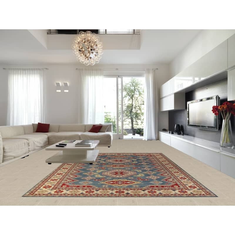 Hand Knotted Oriental 100% Wool Carpet Traditional Geometric Navy Blue & Blues Kazak Area Rug - 13' 7'' X 9' 10''