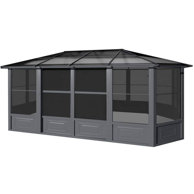 Erommy Outdoor Solarium Sunroom, Patio Hardtop Gazebo, Aluminum Frame Permanent Gazebo with Sliding Doors and Screens