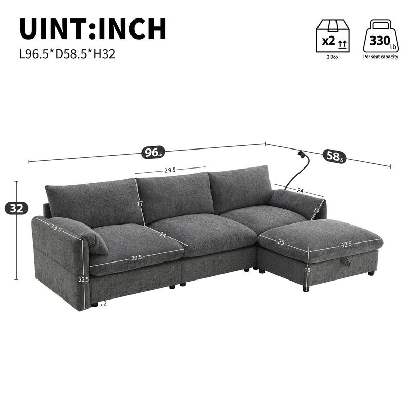 96.5" Chenille L-Shaped Sofa with Storage Ottoman & USB Charger