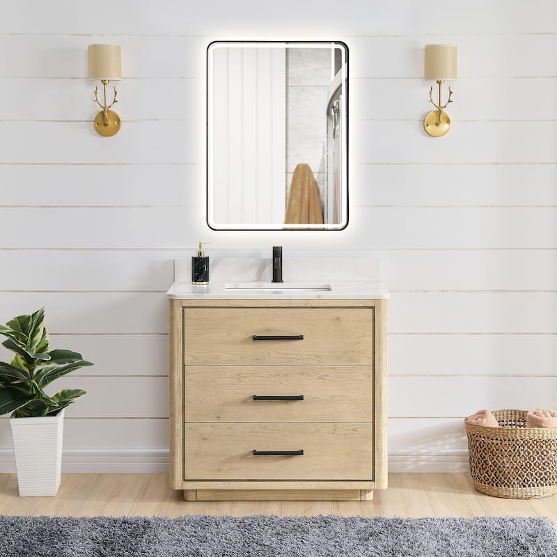 Porto Bath Vanity with White Quartz Stone Top and Mirror - 36in. - Aged Natural Oak