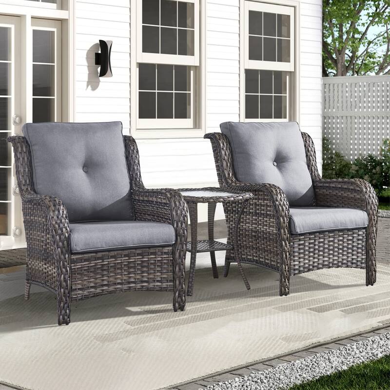 Pocassy Outdoor Patio Chairs Ottoman Table with 4 Inch Cushion - 3 Pieces Patio Chair w/ Table - Grey Rattan Grey Cushion