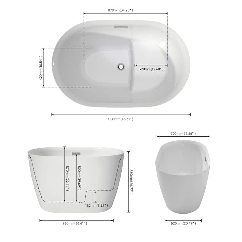 43 in. Freestanding Acrylic Japanese Soaking Bathtub, Oval Compact Space-Saving Design with Included Drainer