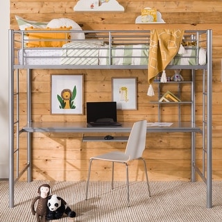 Walker Edison Abner Twin Metal Loft Bed with Desk - Silver