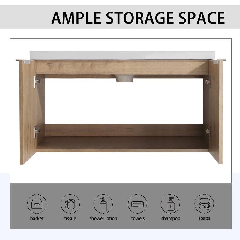 Floating Bathroom Vanity with Resin Sink, Soft Closing Doors, Metal Handles, and Ample Storage Space - 35.4in L Plywood