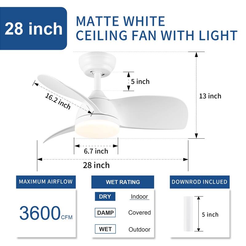 YUHAO 28 in. Integrated LED Indoor Matte White Ceiling Fans with Light Kit and Remote Control