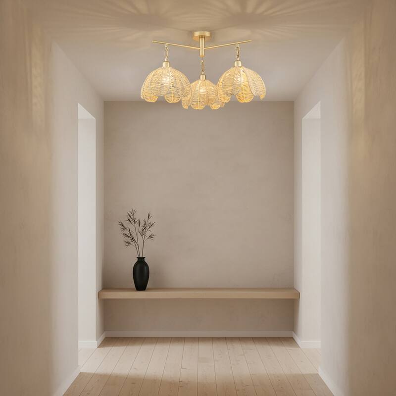 Cali 3-Light Rattan Floral Semi Flush Mount, Coastal Boho - Handwoven - 20 in. Wide