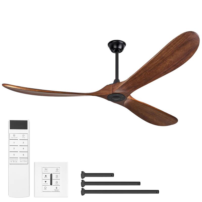 72"Large Size Solid Wood Ceiling Fan without Lights with Remote Control and Wall Switch, for Patio,Indoor,Living Room,Bedroom - Matte Black+Natural