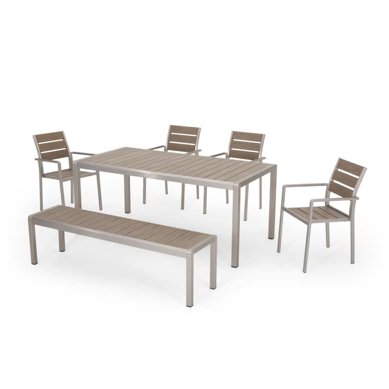 Cape Coral Outdoor Modern 6 Seater Aluminum Dining Set with Dining Bench by Christopher Knight Home - Natural Finish+Silver