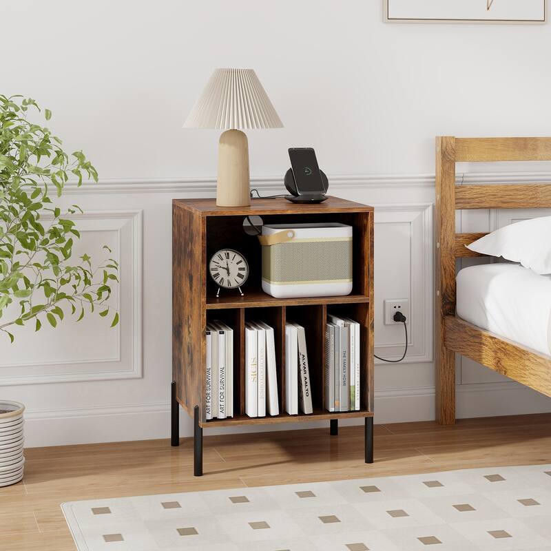 Gymax Record Player Stand w/Charging Station 5 Storage Compartments