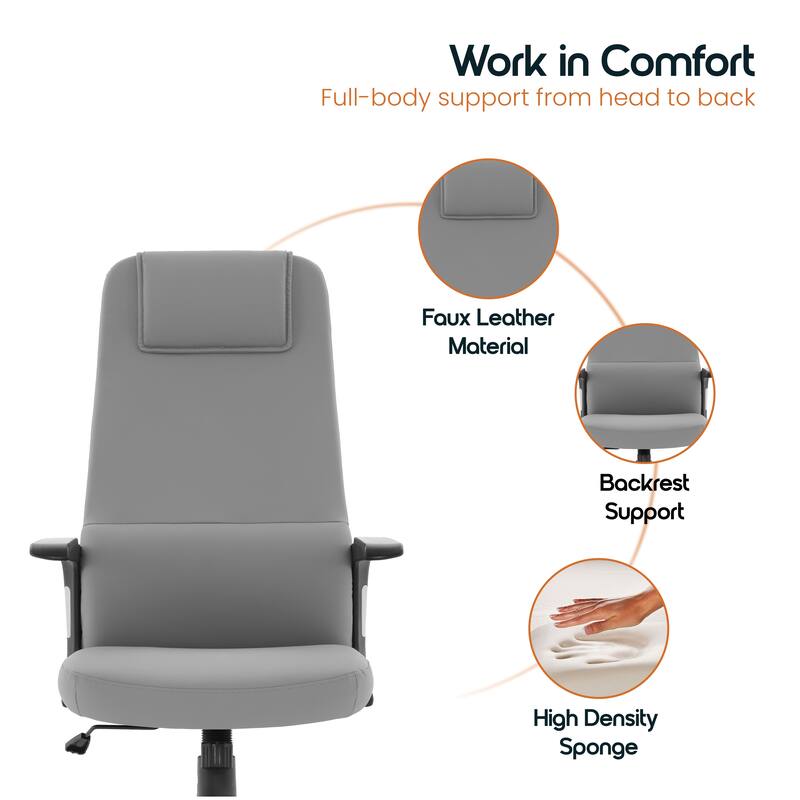 Nexa Ergonomic Leather/Polyester High-Back Office Chair with Padded Headrest, Adjustable Height, Swivel, and Smooth Casters