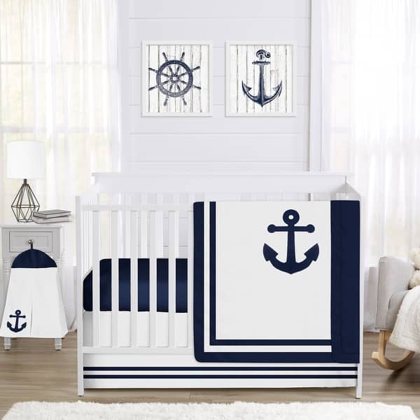 slide 2 of 6, Sweet Jojo Designs Navy Blue Anchors Away Collection 4-piece Bumperless Crib Bedding Set