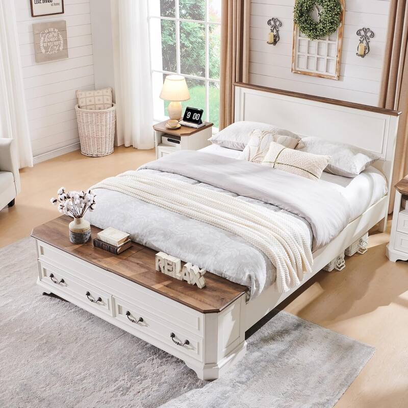Farmhouse Bed Frame w/ Headboard & Storage Bench, Wood Platform Bed