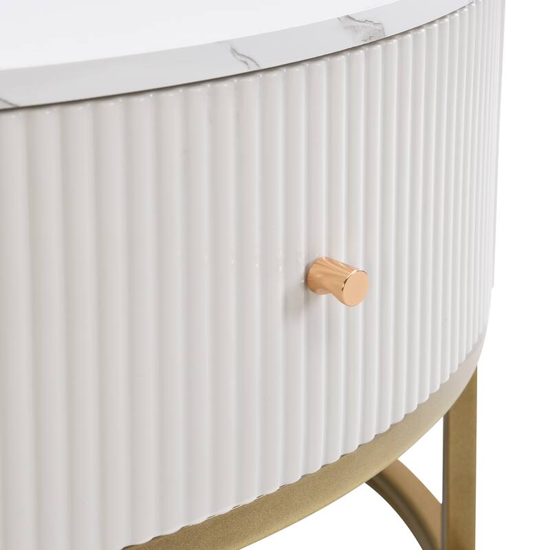 31.5" Round Faux Marble End Table, 2 Drawers & Anti-Slip Pads