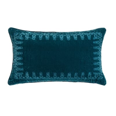 HiEnd Accents Stella Faux Silk Velvet Romantic Western Embroidered Decorative Throw Lumbar Pillow, 14"x24"