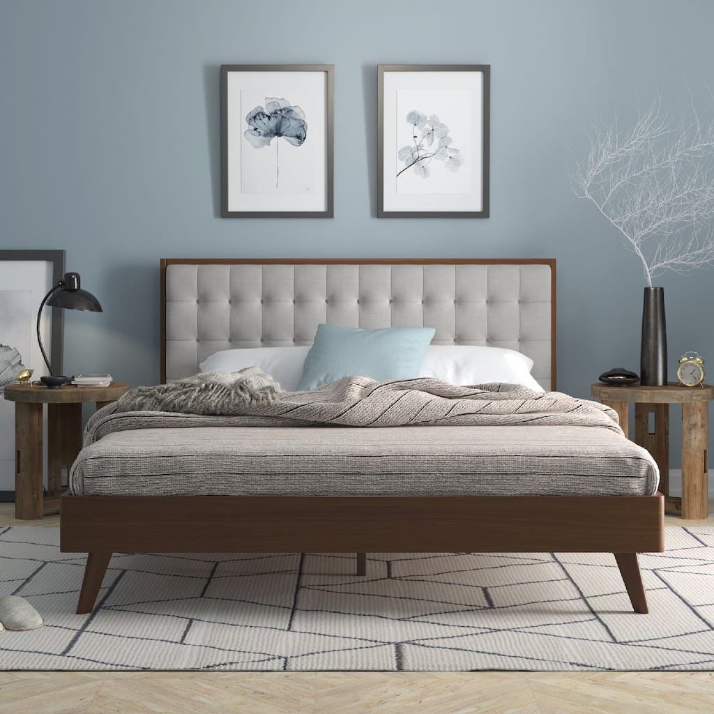 Hughes Mid-century Modern Upholstered Platform Bed with Wood Frame