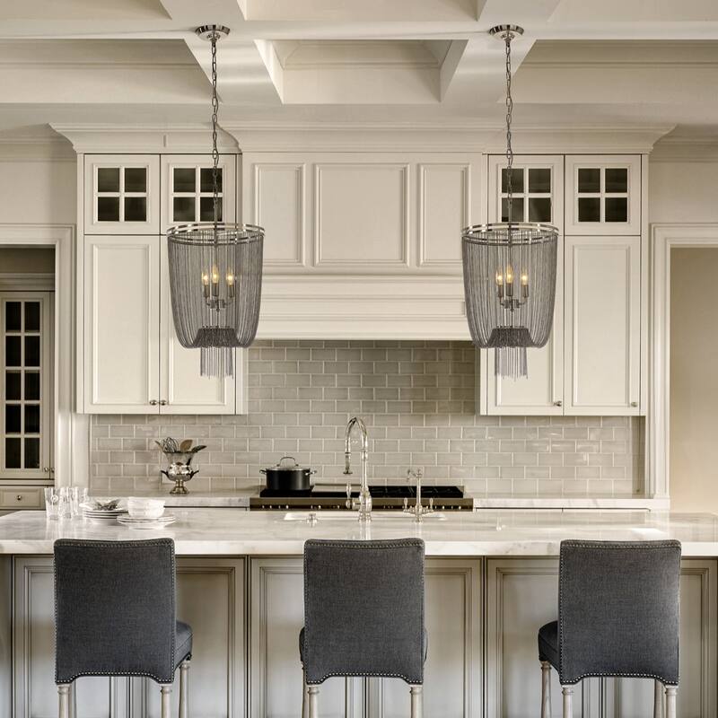 Glam Contemporary 3-Light 16 Inch Chainmail Tassel Chandelier Dimmable Hanging Light For Living Room Dining Room - W16'' - Brush Black Nickel