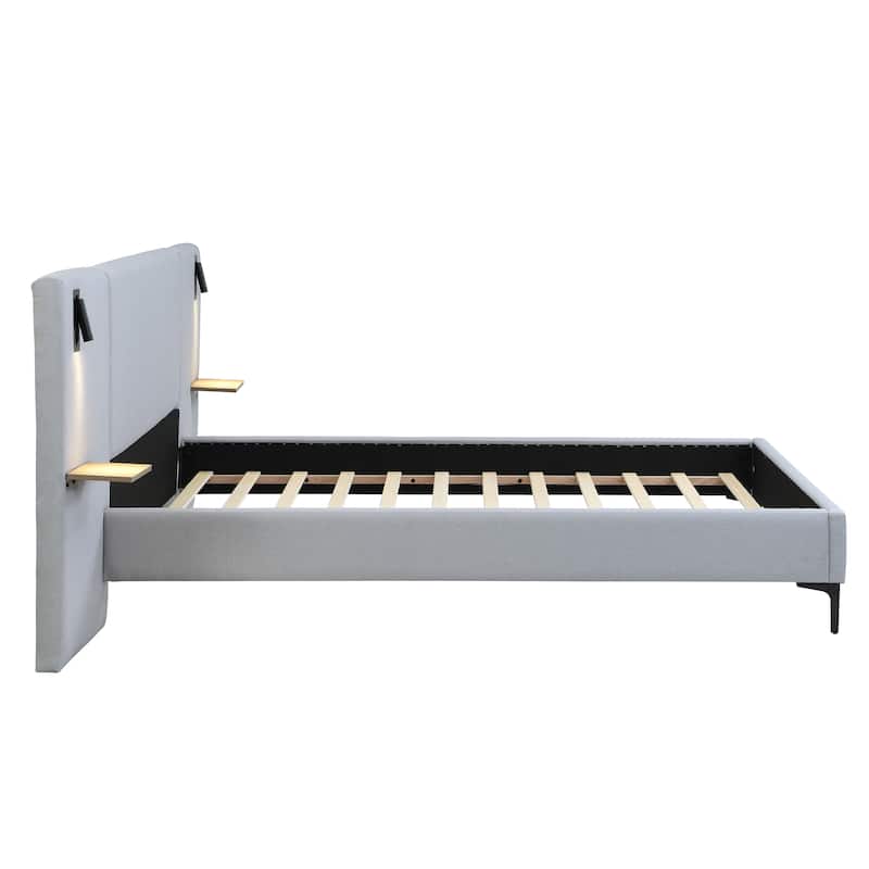 Grey Linen Upholstered Bed with Integrated Lights and Shelves, Queen Size