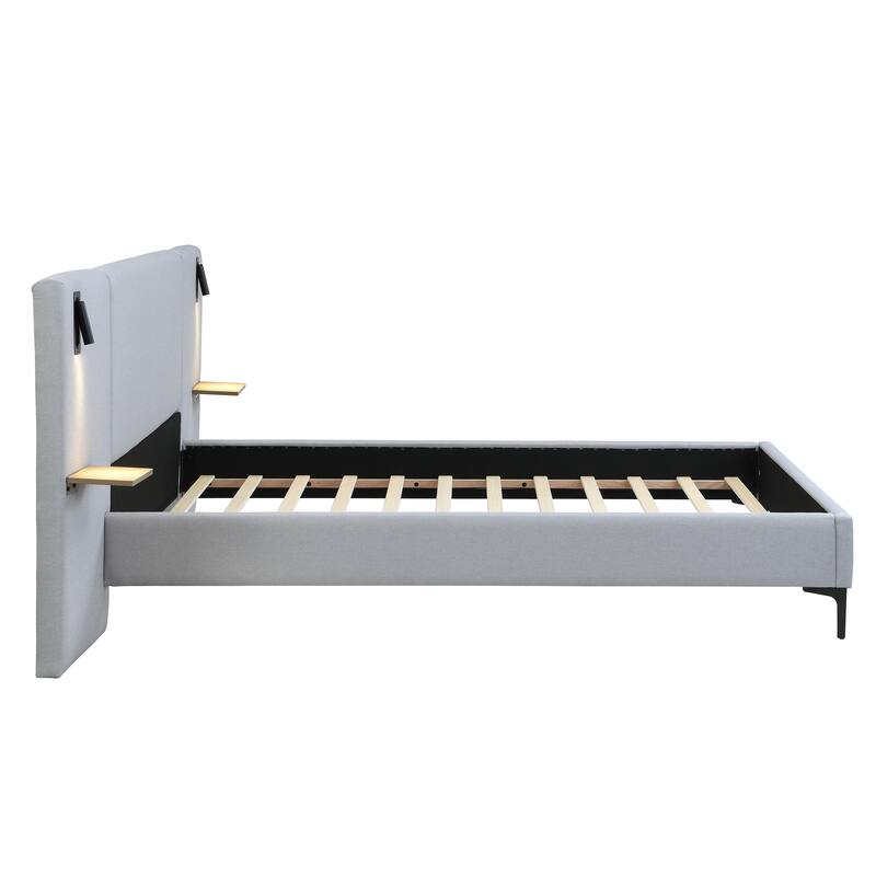 Linen Upholstered Bed Platform Bed with Bedside Lights and Convenient Shelves Storage Bed Wingback Bed with Iron Legs