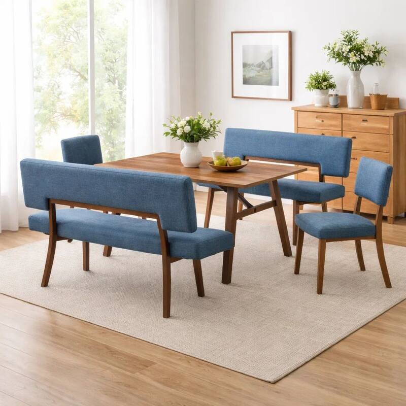 Yumi 5 Piece Dining Table Set, Chairs and Benches, Blue Fabric, Wood Brown