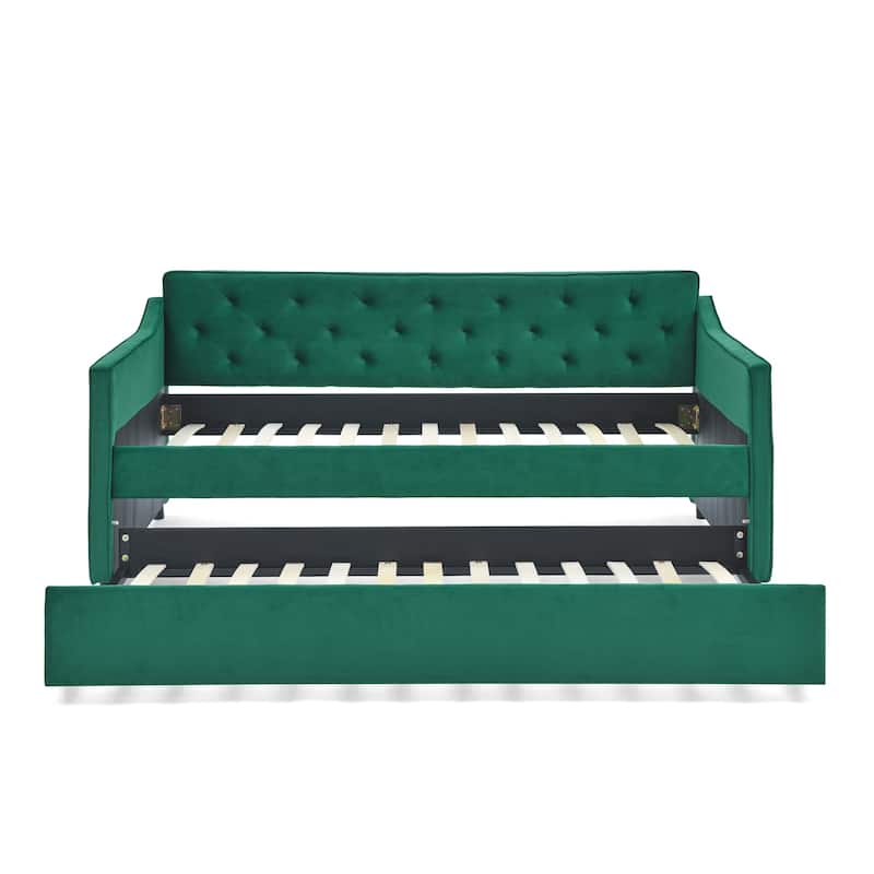 Twin Size Daybed with Twin Size Trundle Upholstered Tufted Sofa Bed, Waved Shape Arms, Grey (80.5"x44.5"x33.5")