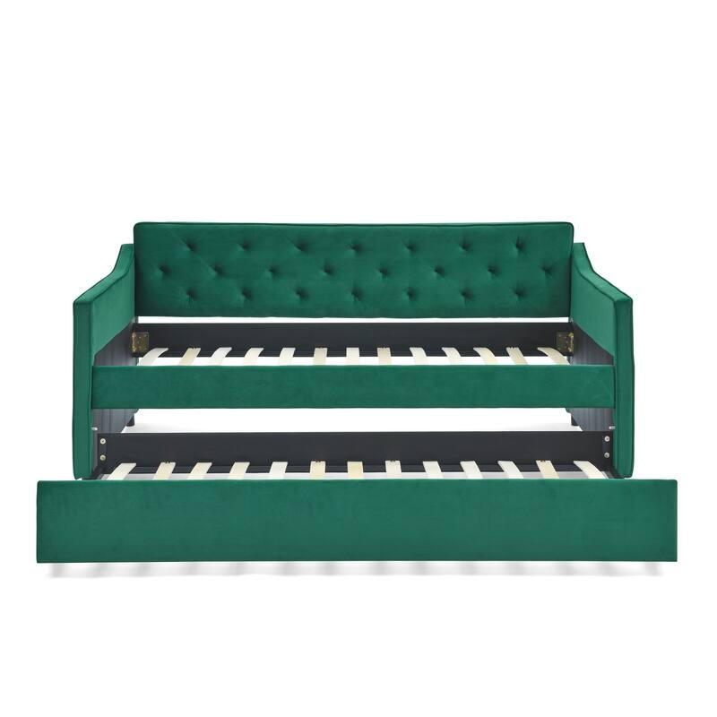 Twin Size Linen Upholstered Daybed Frame with Trundle & Tufted Backrest