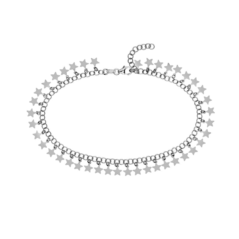 Curata 925 Sterling Silver Rhodium-plated 10" Hanging Stars Adjustable Anklet