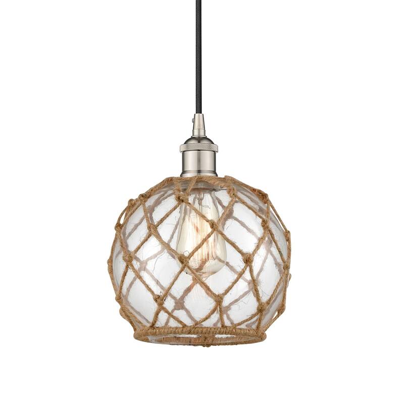 Innovations Lighting 616-1P-11-8 Farmhouse Pendant Farmhouse 8" Wide - Polished Nickel / Clear Glass with Brown Rope