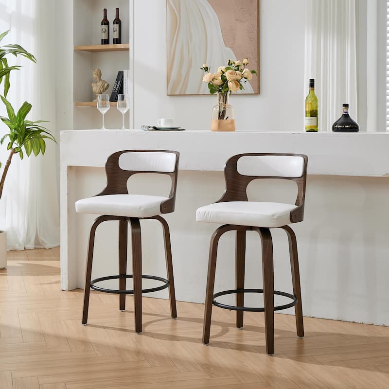 SEYNAR PU Leather 360 Degree Swivel Open Back Bar Stools Wood Legs Set of 2