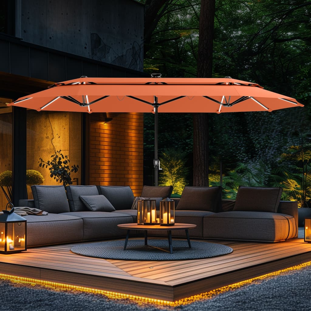 MAISON ARTS 2-Tier Vented Double-Sided 13ft Twin Outdoor Market Crank Umbrella with Colored Lights and Base Included