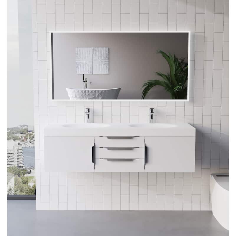 Thames 60" Shallow Basin Wall Mounted Bathroom Vanity Set w/ White Top