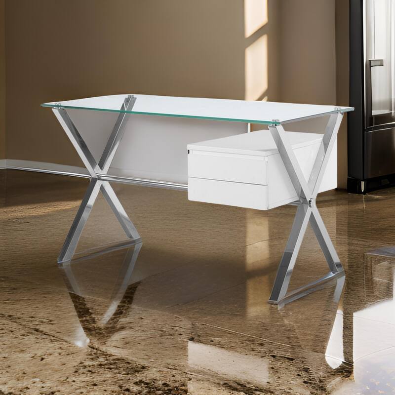 Tia 51 Inch Small Office Desk, Glass Tempered Top, 2 Drawers, White Finish