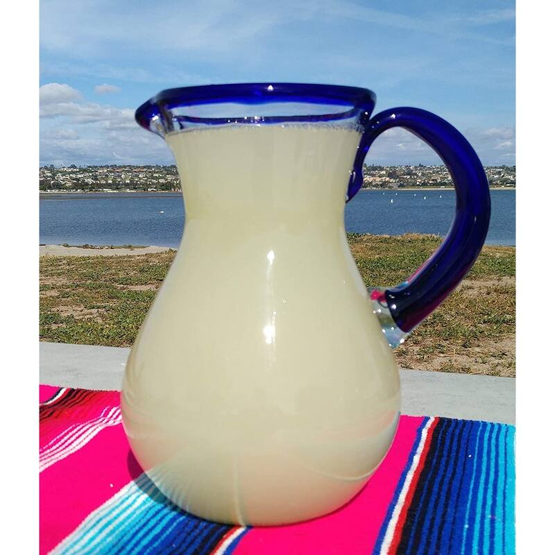 Dos Suenos Mexican Hand Blown Glass Pitcher - Cobalt Blue Rim and Handle (84 oz)