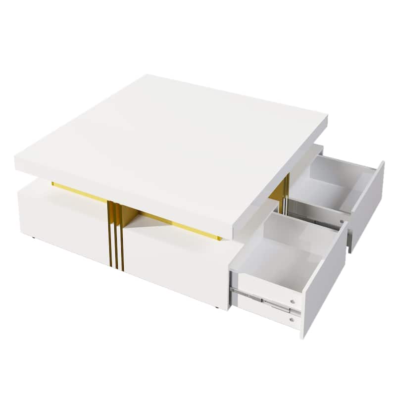43.3" Modern Square Coffee Table with 4 Hidden Drawers, Glossy Living Room Table with Gold Accents, Space-Saving Storage Table