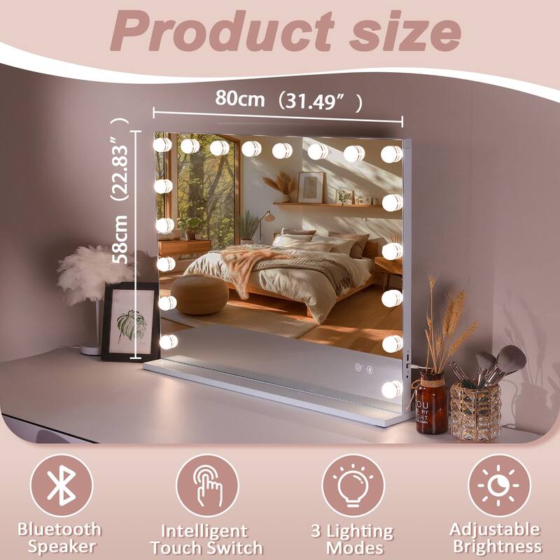 31.5"x22.8"Tempered Glass Large Mirror with 18 Dimmable Bulbs, Table/Hanging Mirror with Touch Screen & USB Charge Port