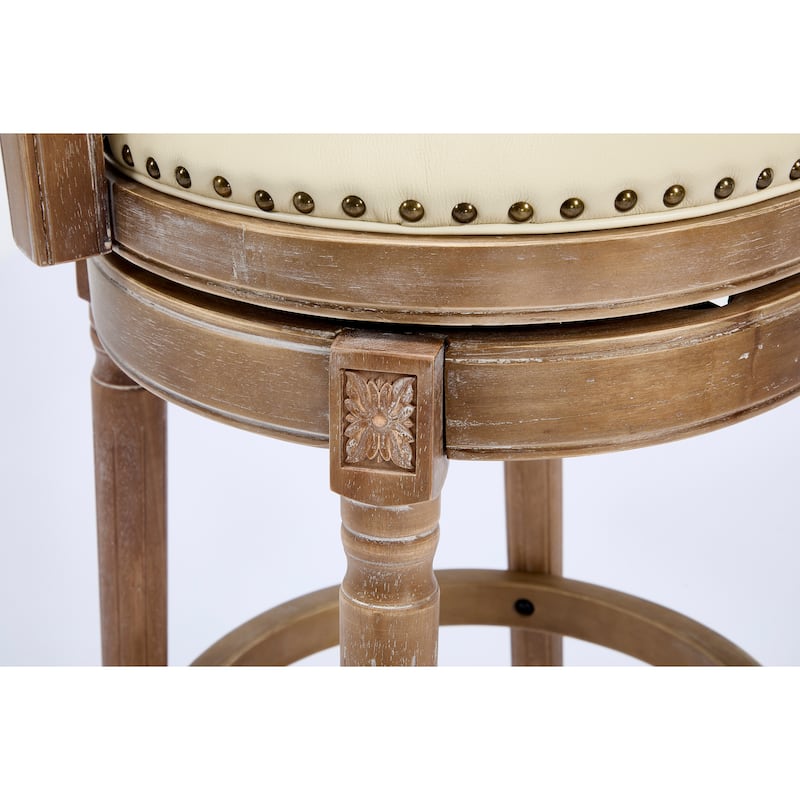 Beige 360 Swivel Leather Wooden Bar Stools Upholstered Breakfast Stools Coffee Bar Stools with Back for Kitchen Counter