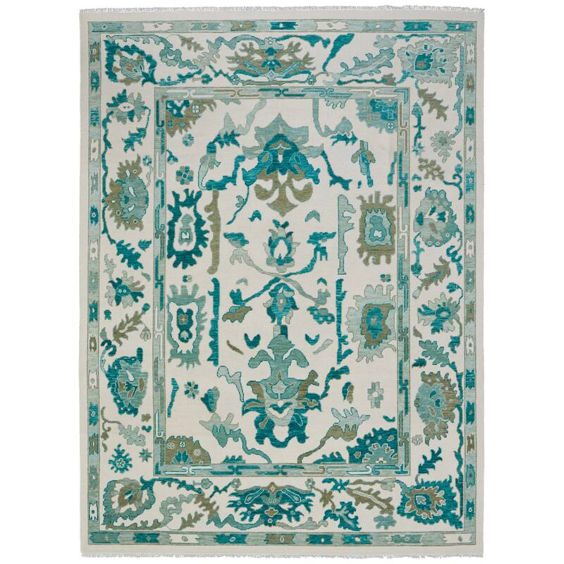 Grand Bazaar Larson Hand Knotted Floral & Botanical Transitional Area Rug - 12' x 15' - Green/Ivory