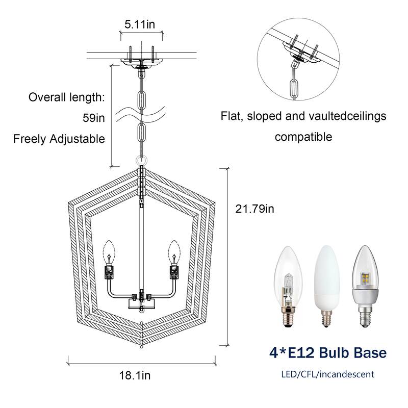 4-Light Farmhouse Kitchen Chandeliers, Rustic Cage Light Fixture Adjustable Height Chandeliers for Dining Room Hallway