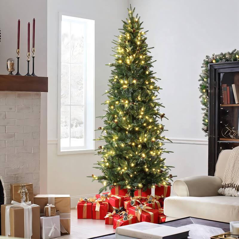 7.5Ft Pre-Lit Hinged Green Slender Artificial Christmas Tree with Pinecones - 90" H x 38" Diameter