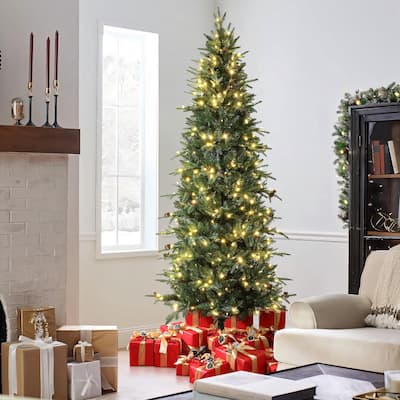 7.5Ft Pre-Lit Hinged Green Slender Artificial Christmas Tree with Pinecones - 90" H x 38" Diameter