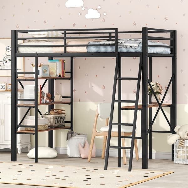 slide 2 of 3, Black Industrial Twin Metal Loft Bed with Shelves, Desk, Guardrail Black