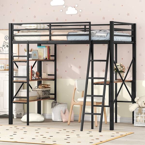 slide 2 of 12, Twin Size Metal Loft Bed with Integrated Desk and Multi-tier Shelves, Space-Saving Design with Full-Length Guardrails Black