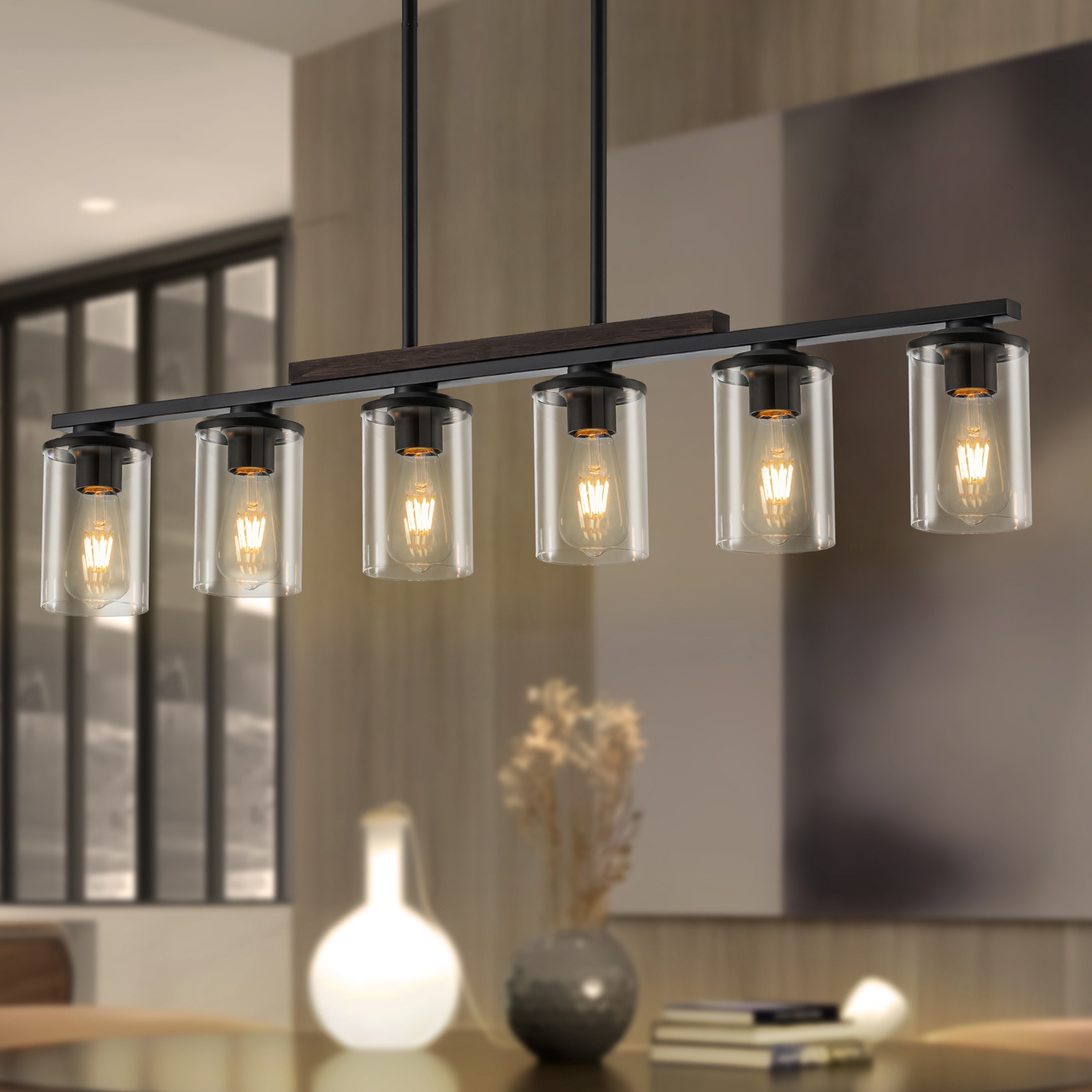 Starsky Modern Farmhouse Chandelier Linear Kitchen Island Light with Cylindrical Glass Shade