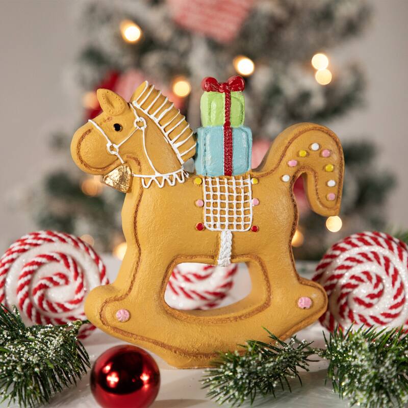 Gingerbread Rocking Horse with Presents Christmas Figurine - 7.25"