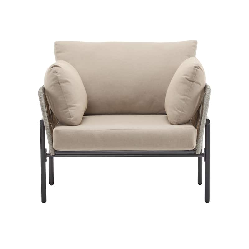 Roomfitters 36" Outdoor Lounge Chair with Rope Weave, Metal Frame and Beige Cushions, Modern Patio Armchair