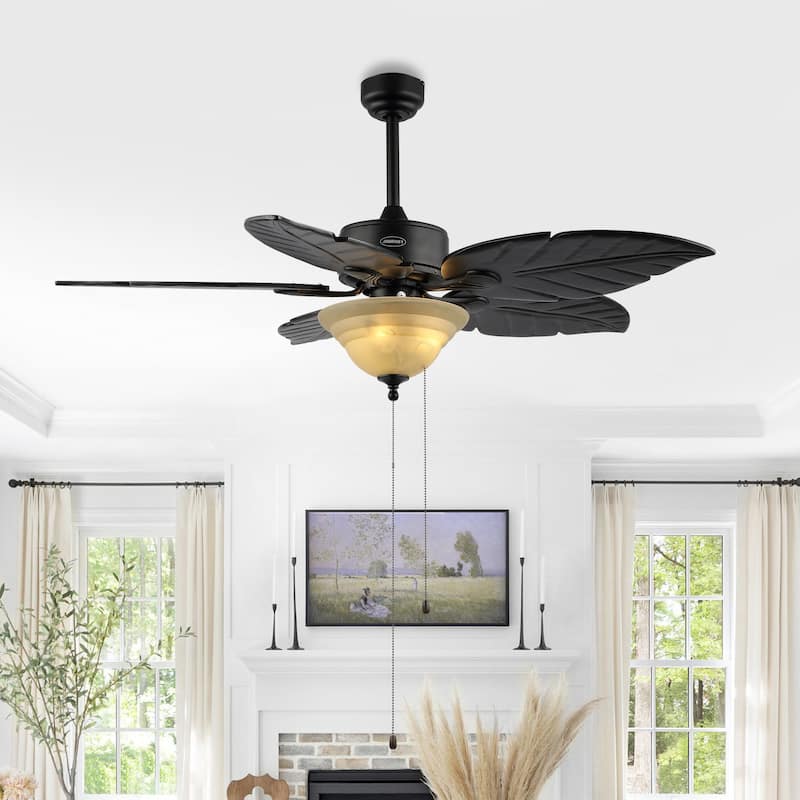 Owen 52" 3-Light Coastal Bohemian Iron/Wood Palm Leaf LED Ceiling Fan with Pull Chain, by JONATHAN Y