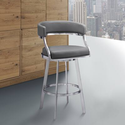 Saturn Grey Faux Leather & Brushed Stainless Steel Swivel Counter/Bar Stool