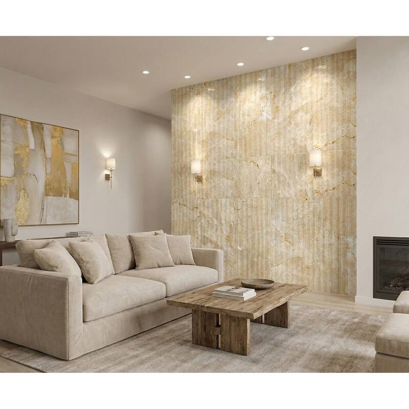 Roomfitters Natural Marble Tile, FS Textured 3D Fluted Stone for Wall, Genuine Marble, 4-Piece Box, Gold Yellow Beige